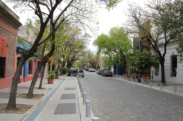 A cobblestoned street in Palermo Soho, lined with trees