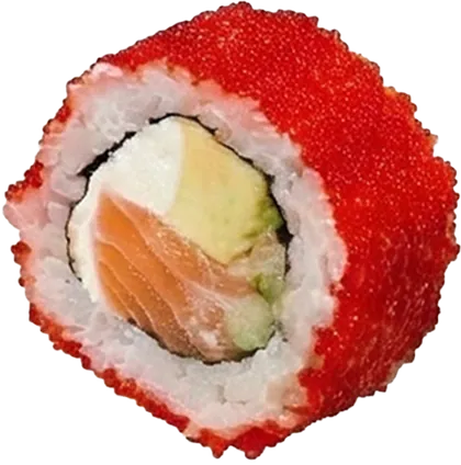 A piece of uramaki coated in red tobiko