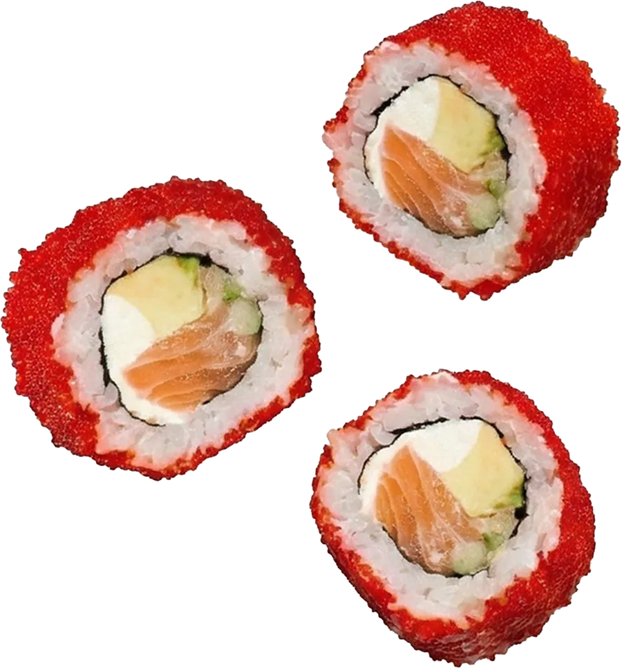 Four pieces of salmon and avocado uramaki in the air