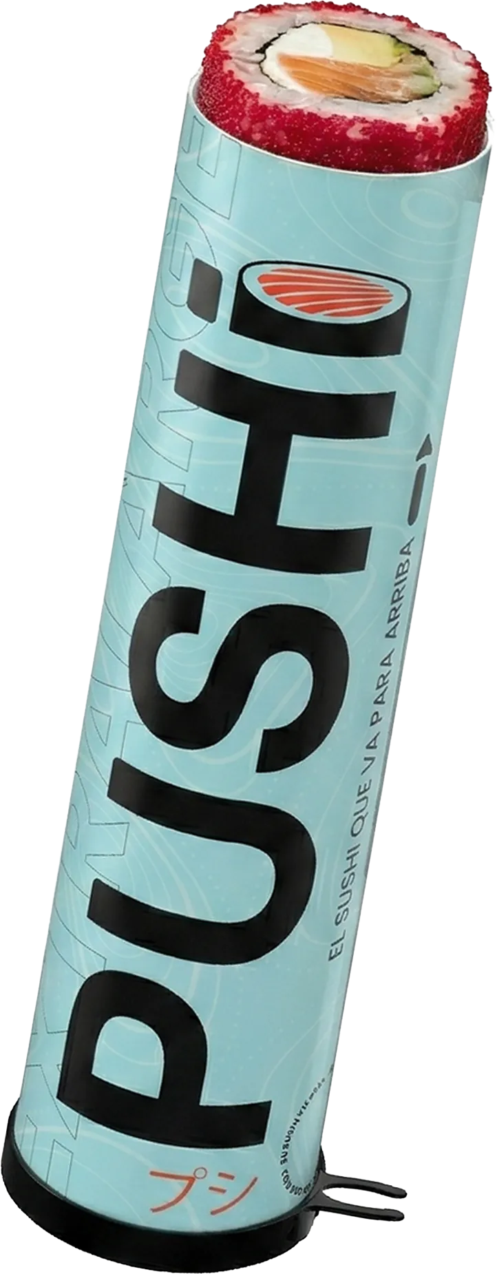 A PUSHI tube: a pale teal cardboard tube printed with the PUSHI logo, a salmon roll peeking out of the top